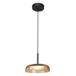 Czarna lampa wisząca Colle z metalowym kloszem w złotym kolorze, o średnicy 30 cm, zawieszona na cienkim, czarnym przewodzie. Zainstalowane źródło światła LED 12W. Klosz ma falistą teksturę, co zapewnia efektowne rozpraszanie światła.