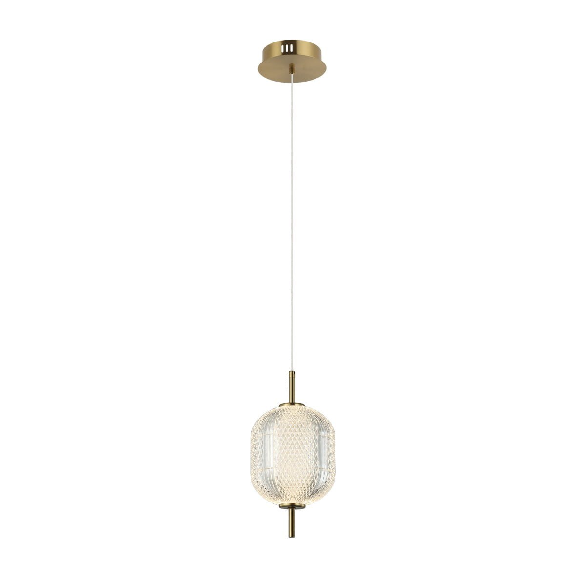 Lampa wisząca Corado 1xLED 8W w złotym kolorze. Owalny klosz z transparentnego szkła z teksturą, zawieszony na cienkim, białym przewodzie. Montaż sufitowy, prosty design, idealna do nowoczesnych wnętrz.