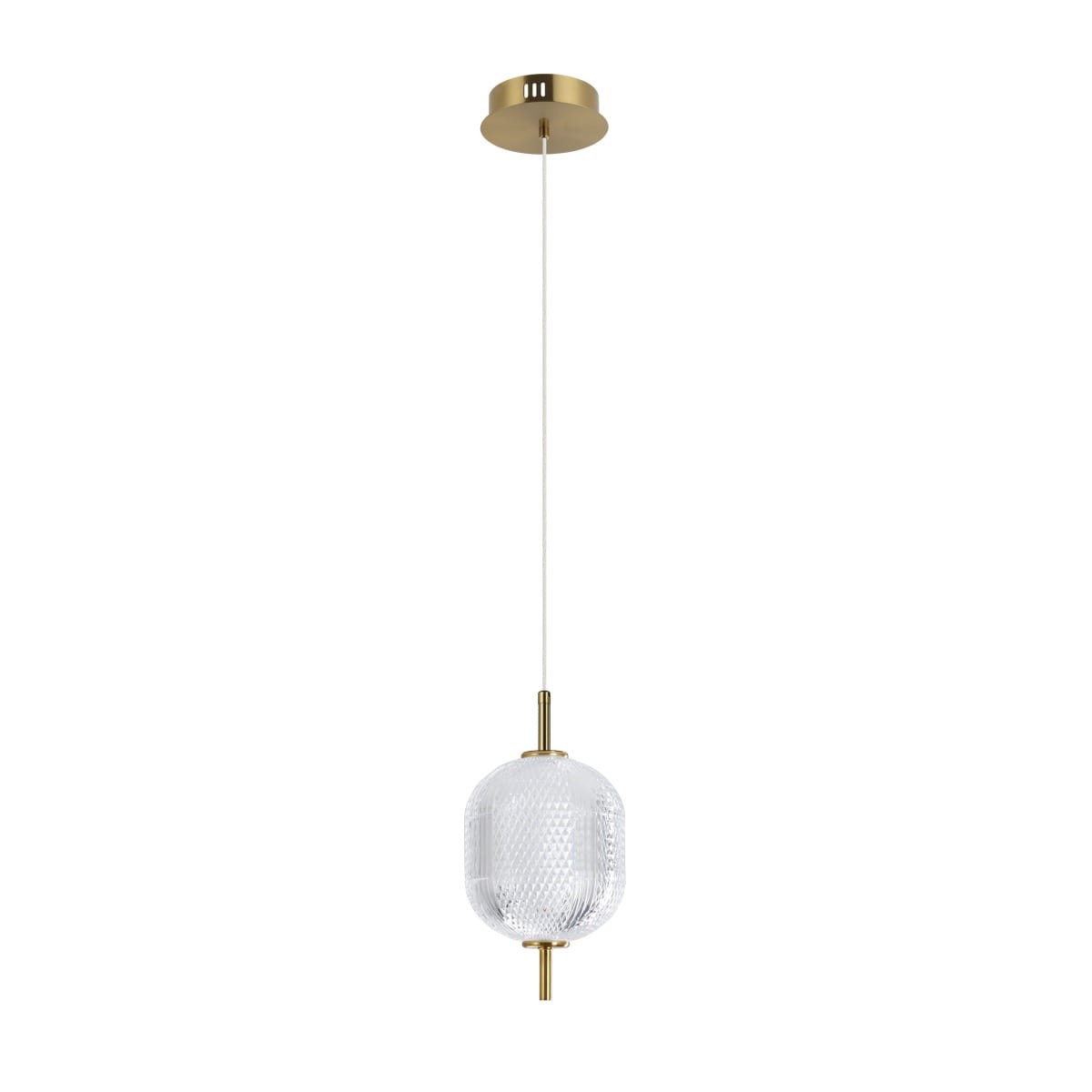 Lampa wisząca Corado z jednym źródłem LED 8W, złota, z przezroczystym kloszem o fakturze diamentowej. Zawieszona na cienkim przewodzie, z okrągłą podstawą sufitową. Idealna do nowoczesnych wnętrz.