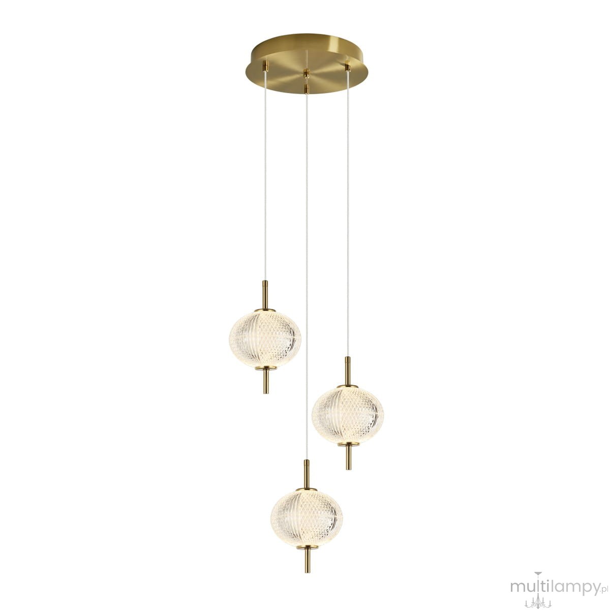 Lampa wisząca Corado z trzema kulami LED 12W, zawieszona na cienkich linkach, z złotą podstawą. Szklane klosze o teksturowanej powierzchni. Kąt ujęcia frontalny, na białym tle.