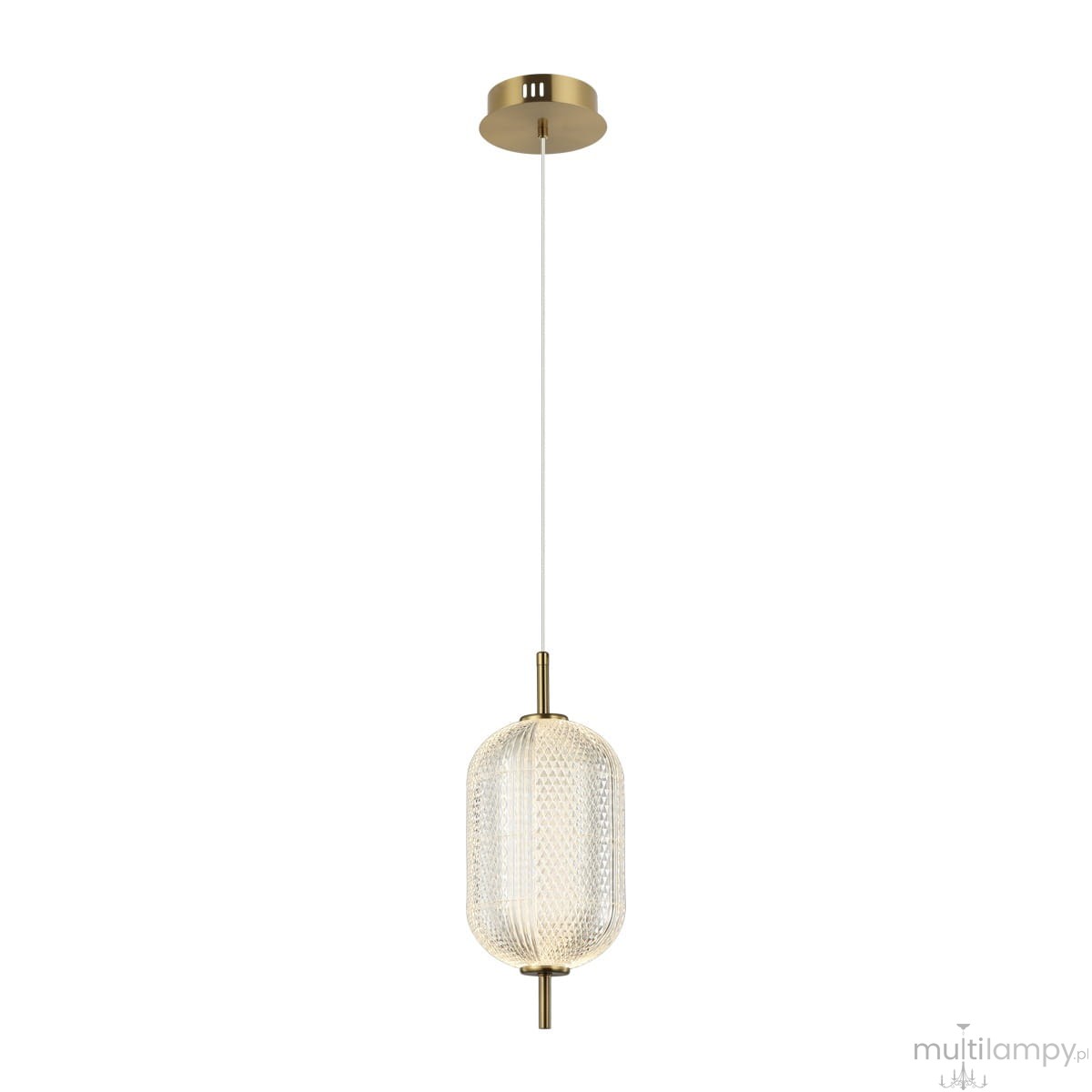 Złota lampa wisząca Corado z kloszem w kształcie owalnym, wykonana z przezroczystego materiału z drobnym wzorem. Zawieszona na cienkim przewodzie, z okrągłym mocowaniem sufitowym. Źródło światła: 1xLED 10W.