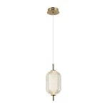 Złota lampa wisząca Corado z kloszem w kształcie owalnym, wykonana z przezroczystego materiału z drobnym wzorem. Zawieszona na cienkim przewodzie, z okrągłym mocowaniem sufitowym. Źródło światła: 1xLED 10W.