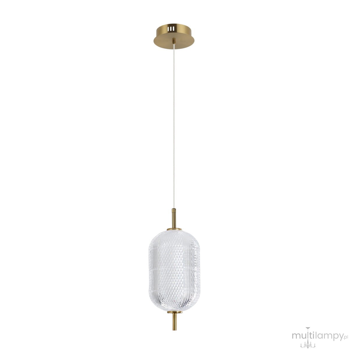 Lampa wisząca Corado 1xLED 10W w kolorze złotym. Szklany klosz w kształcie owalnym z teksturowaną powierzchnią, zawieszony na cienkim, białym przewodzie. Ujęcie z boku, pokazujące detal klosza i elementy mocujące.