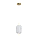 Lampa wisząca Corado 1xLED 10W w kolorze złotym. Szklany klosz w kształcie owalnym z teksturowaną powierzchnią, zawieszony na cienkim, białym przewodzie. Ujęcie z boku, pokazujące detal klosza i elementy mocujące.