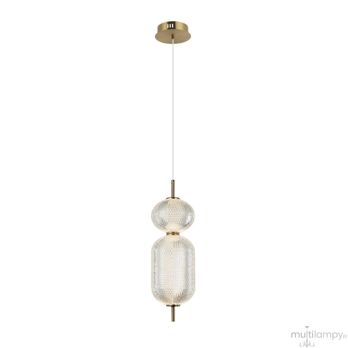 Lampa wisząca Corado 1xLED 15W w kolorze złotym. Posiada szklany klosz w kształcie elipsy z delikatnym wzorem, zawieszona na cienkim przewodzie. Montowana do sufitu, idealna do nowoczesnych wnętrz.