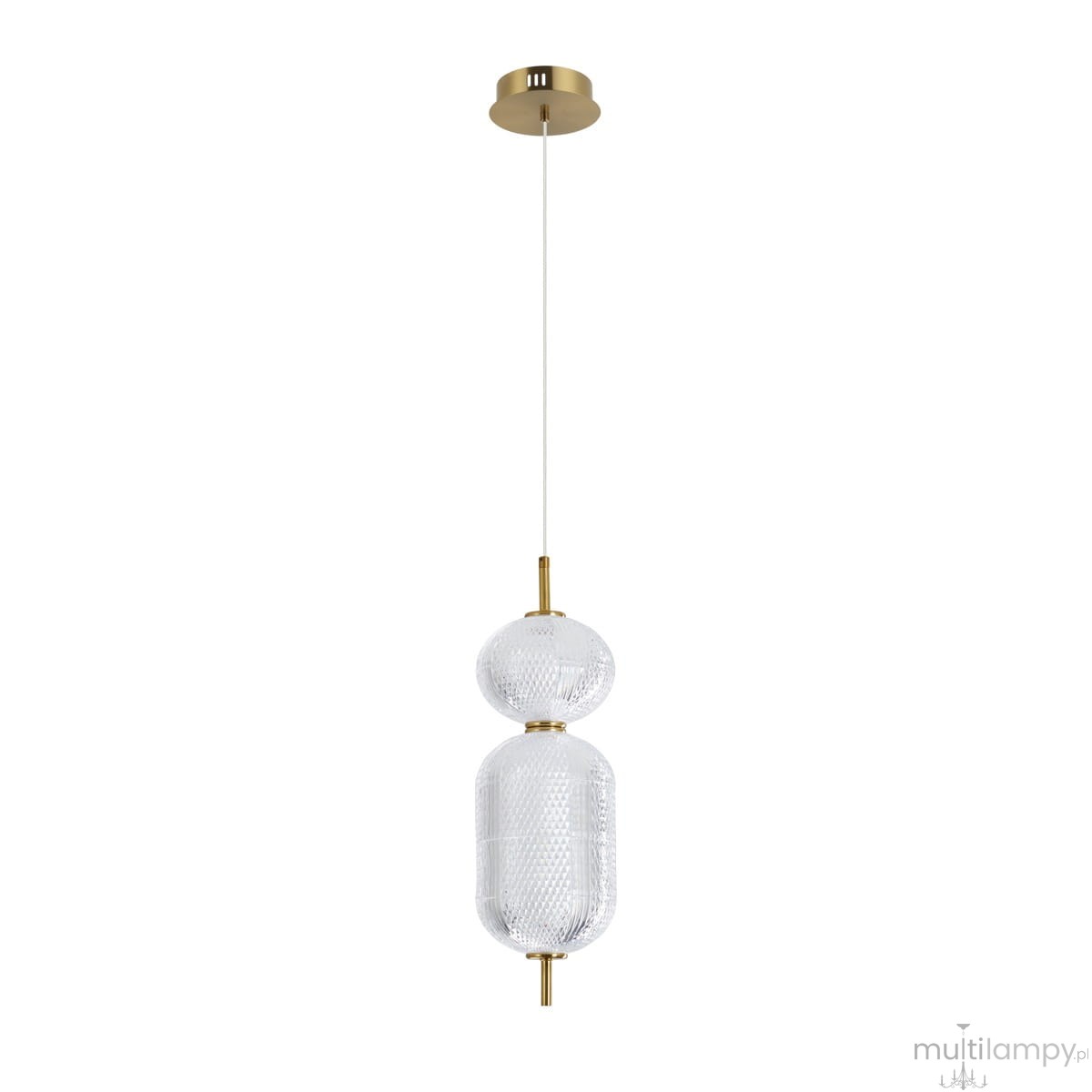 Lampa wisząca Corado 1xLED 15W w kolorze złotym, z przezroczystym kloszem o owalnym kształcie, zawieszona na cienkim sznurku. Klosz z wyraźnym wzorem, podkreślającym nowoczesny styl. Montaż sufitowy, z widocznym elementem mocującym.
