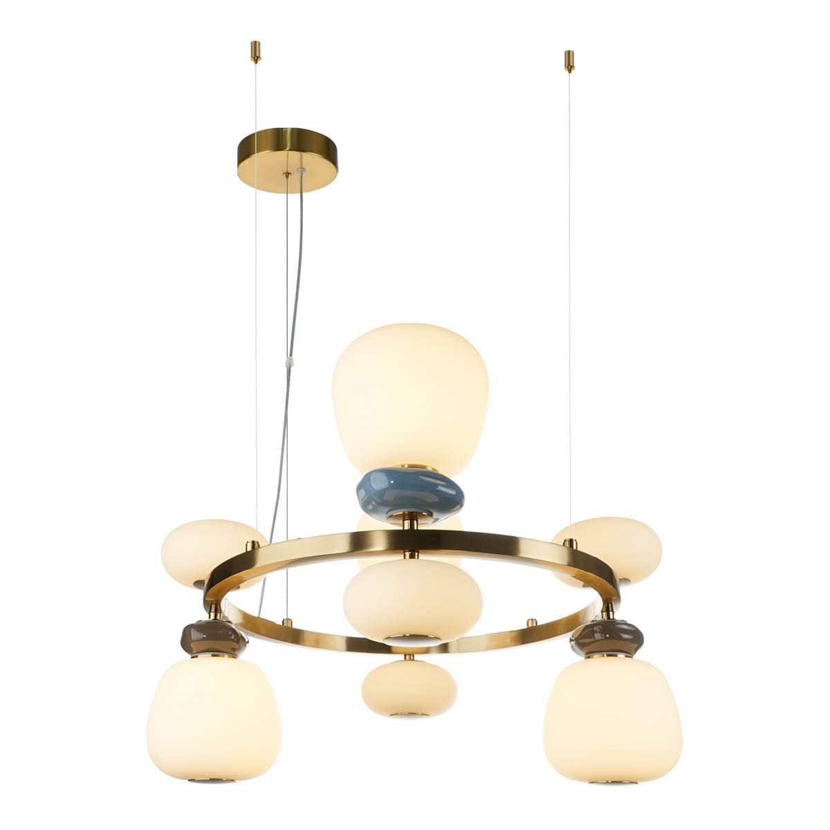 Lampa wisząca Evans z ośmioma źródłami LED 33W w kolorze złotym. Posiada okrągłą konstrukcję z przezroczystymi kloszami w kształcie kul, zawieszona na cienkich linkach. Elementy dekoracyjne w odcieniach niebieskiego i brązowego.