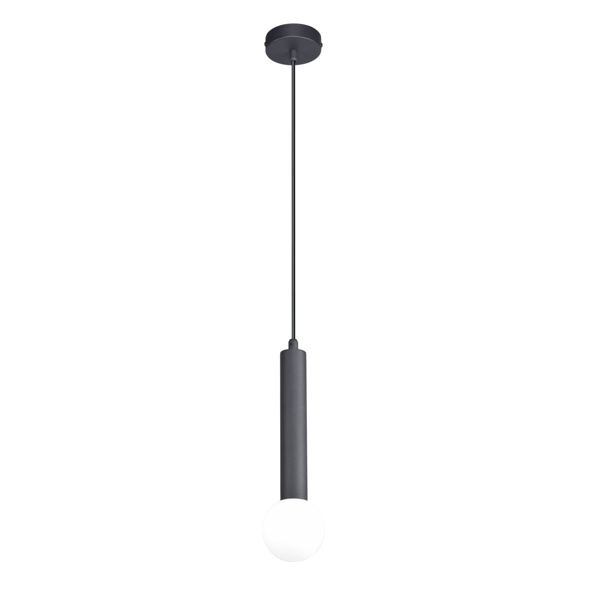 Lampa wisząca Filano w kolorze czarnym, z pojedynczym źródłem światła G9. Prosta, cylindryczna konstrukcja z długim przewodem oraz okrągłą, białą żarówką na dole. Zawieszona na suficie, w minimalistycznym stylu.