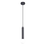 Lampa wisząca Filano w kolorze czarnym, z pojedynczym źródłem światła G9. Prosta, cylindryczna konstrukcja z długim przewodem oraz okrągłą, białą żarówką na dole. Zawieszona na suficie, w minimalistycznym stylu.