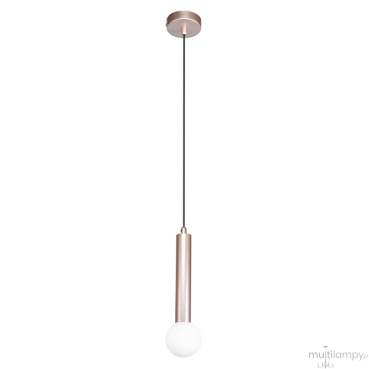 Lampa wisząca Filano w kolorze kawowym z metalowym, cylindrycznym korpusem i białą, okrągłą żarówką G9. Zawieszona na cienkim, czarnym przewodzie, montowana do sufitu. Prosty, nowoczesny design, odpowiednia do wnętrz.