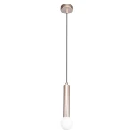 Lampa wisząca Filano w kolorze kawowym z metalowym, cylindrycznym korpusem i białą, okrągłą żarówką G9. Zawieszona na cienkim, czarnym przewodzie, montowana do sufitu. Prosty, nowoczesny design, odpowiednia do wnętrz.