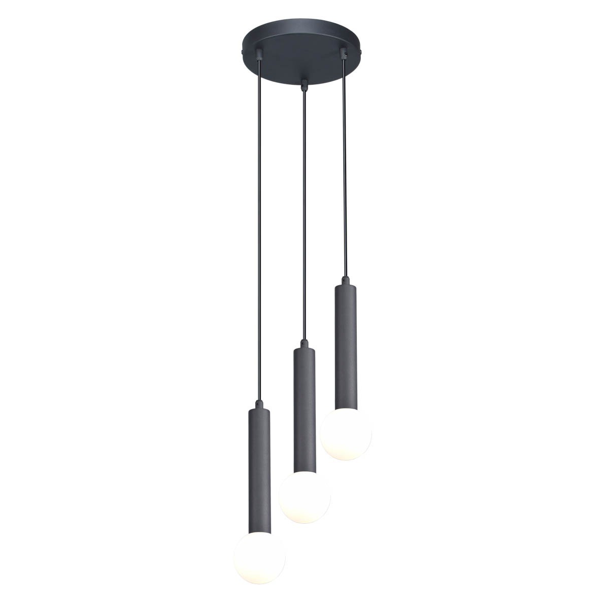 Lampa wisząca Filano 3xG9 w kolorze czarnym, zawieszona na trzech cienkich linkach. Posiada trzy cylindryczne oprawy z matowego metalu oraz okrągłe, białe klosze, emitujące światło. Montaż sufitowy, nowoczesny design.