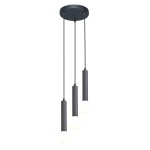 Lampa wisząca Filano 3xG9 w kolorze czarnym, zawieszona na trzech cienkich linkach. Posiada trzy cylindryczne oprawy z matowego metalu oraz okrągłe, białe klosze, emitujące światło. Montaż sufitowy, nowoczesny design.