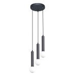 Lampa wisząca Filano z trzema źródłami światła G9, czarna. Składa się z trzech długich, cylindrycznych elementów w kolorze czarnym z białymi kulistymi kloszami, zawieszonych na cienkich linkach, montowana sufitowo.