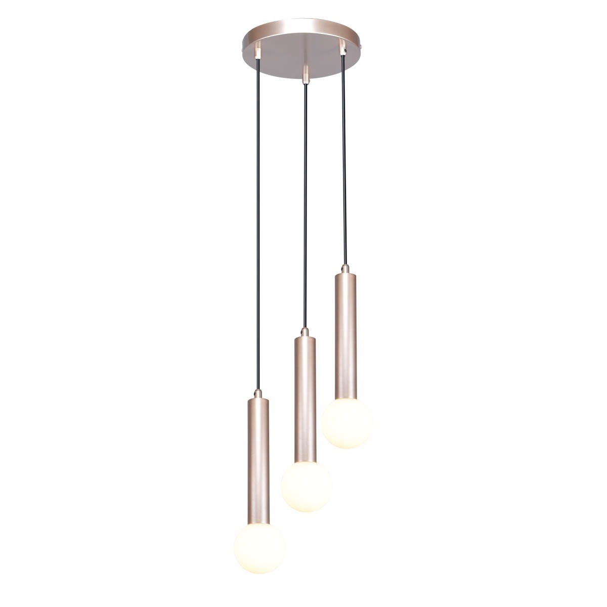 Lampa wisząca Filano 3xG9 w kolorze kawowym z trzema cylindrycznymi, metalicznymi kloszami oraz okrągłymi, białymi źródłami światła. Zawieszona na trzech czarnych linkach, mocowana do okrągłej, metalowej podstawy.