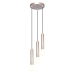 Lampa wisząca Filano 3xG9 w kolorze kawowym z trzema cylindrycznymi, metalicznymi kloszami oraz okrągłymi, białymi źródłami światła. Zawieszona na trzech czarnych linkach, mocowana do okrągłej, metalowej podstawy.