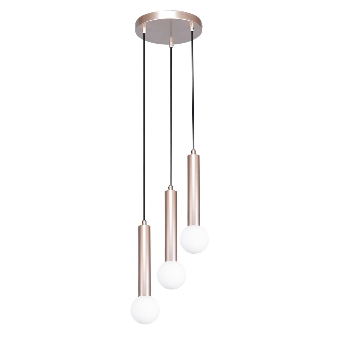 Lampa wisząca Filano 3xG9 w kolorze kawowym, z trzema białymi kulistymi kloszami zawieszonymi na cienkich czarnych przewodach. Metalowe, cylindryczne elementy w kolorze miedzi. Montowana sufitowo, w nowoczesnym stylu.