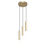 Lampa wisząca Filano 3xG9 w złotym kolorze, składająca się z trzech cylindrycznych opraw z białymi żarówkami, zawieszona na cienkich czarnych przewodach. Montaż sufitowy, minimalistyczny design.