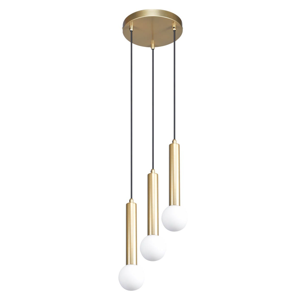 Lampa wisząca Filano 3xG9 w kolorze złotym, z trzema okrągłymi kloszami z białego szkła, zawieszona na czarnych linkach. Kształt cylindryczny, elegancki design, montaż sufitowy.