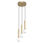Lampa wisząca Filano 3xG9 w kolorze złotym, z trzema okrągłymi kloszami z białego szkła, zawieszona na czarnych linkach. Kształt cylindryczny, elegancki design, montaż sufitowy.