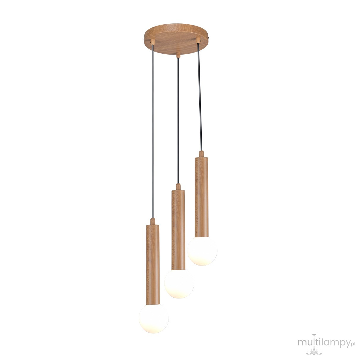 Lampa wisząca Filano z trzema źródłami światła G9, w brązowym kolorze. Składa się z trzech prostokątnych drewnianych osłon, zawieszonych na czarnych linkach. Całość montowana do okrągłej podstawy sufitowej. Idealna do nowoczesnych wnętrz.