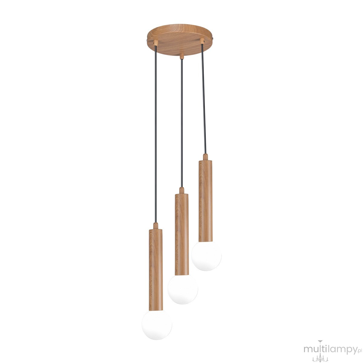 Lampa wisząca Filano 3xG9 w brązowym kolorze z drewnianymi elementami. Trzy długie, cylindryczne oprawy zawieszone na czarnych kablach. Każda oprawa zakończona białą żarówką, montowana do sufitu poprzez okrągłą podstawę.
