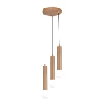 Lampa wisząca Filano 3xG9 w brązowym kolorze z drewnianymi elementami. Trzy długie, cylindryczne oprawy zawieszone na czarnych kablach. Każda oprawa zakończona białą żarówką, montowana do sufitu poprzez okrągłą podstawę.