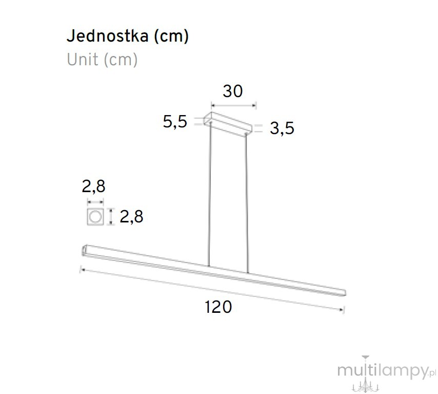 Lampa wisząca Linia 120 w kolorze białym, wyposażona w 1xLED 15W. Wymiary: długość 120 cm, szerokość 30 cm, wysokość 5,5 cm. Prosty, nowoczesny design, idealna do przestrzeni biurowych i domowych.