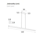 Lampa wisząca Linia 120 w kolorze białym, wyposażona w 1xLED 15W. Wymiary: długość 120 cm, szerokość 30 cm, wysokość 5,5 cm. Prosty, nowoczesny design, idealna do przestrzeni biurowych i domowych.