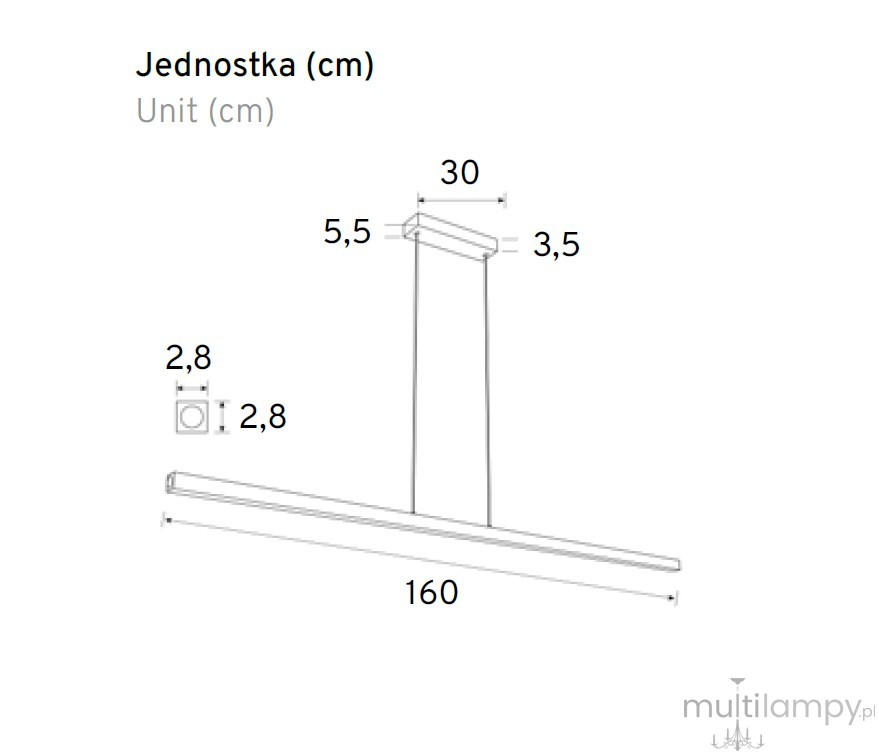Lampa wisząca Linia 160 z jedną diodą LED o mocy 21W, w białym kolorze. Wymiary: długość 160 cm, szerokość 30 cm, wysokość 5,5 cm. Prosty, nowoczesny design z minimalistycznym zawieszeniem.