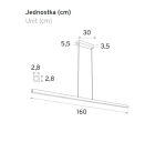 Lampa wisząca Linia 160 z jedną diodą LED o mocy 21W, w białym kolorze. Wymiary: długość 160 cm, szerokość 30 cm, wysokość 5,5 cm. Prosty, nowoczesny design z minimalistycznym zawieszeniem.