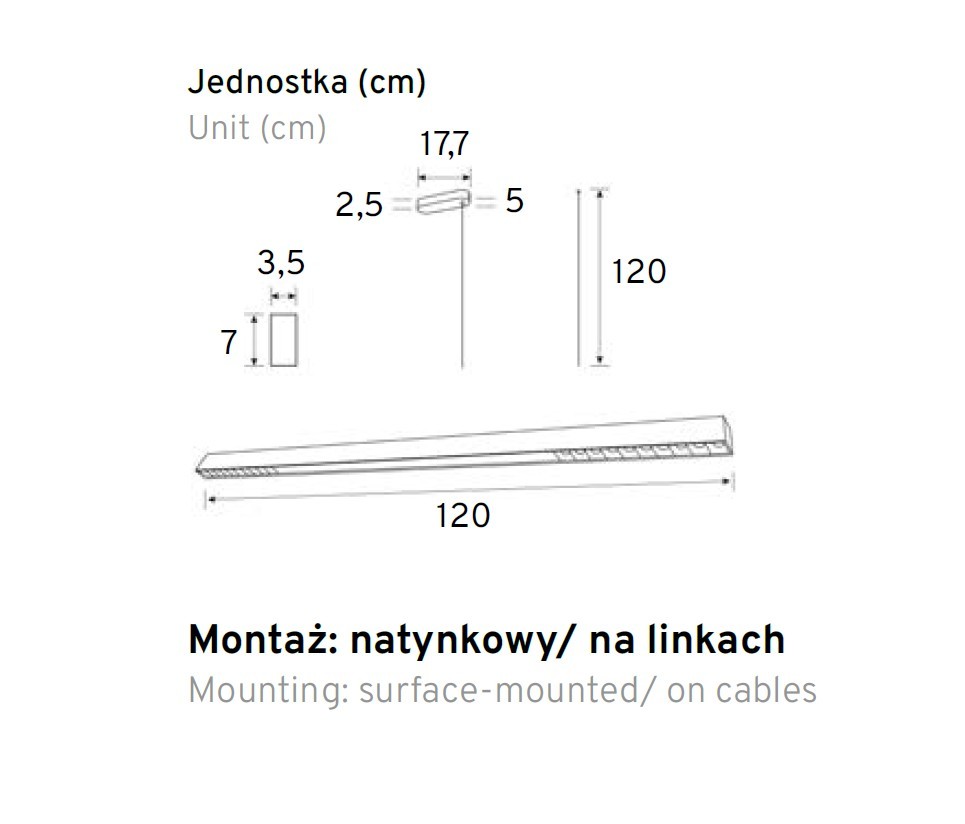 Lampa sufitowa Linia Premium, biała, z jednym źródłem LED, moc 40W, barwa 3000K. Wymiary: długość 120 cm, szerokość 5 cm, wysokość 2,5 cm. Montaż natynkowy lub na linkach. Prosty, minimalistyczny design.