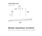 Lampa sufitowa Linia Premium, biała, z jednym źródłem LED, moc 40W, barwa 3000K. Wymiary: długość 120 cm, szerokość 5 cm, wysokość 2,5 cm. Montaż natynkowy lub na linkach. Prosty, minimalistyczny design.