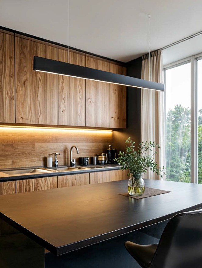 Lampa wisząca Linia Slim w kolorze czarnym, z jedną diodą LED o mocy 30W i temperaturze barwowej 4000K, zawieszona nad drewnianym blatem w nowoczesnej kuchni, z widocznymi elementami wyposażenia i rośliną w wazonie.