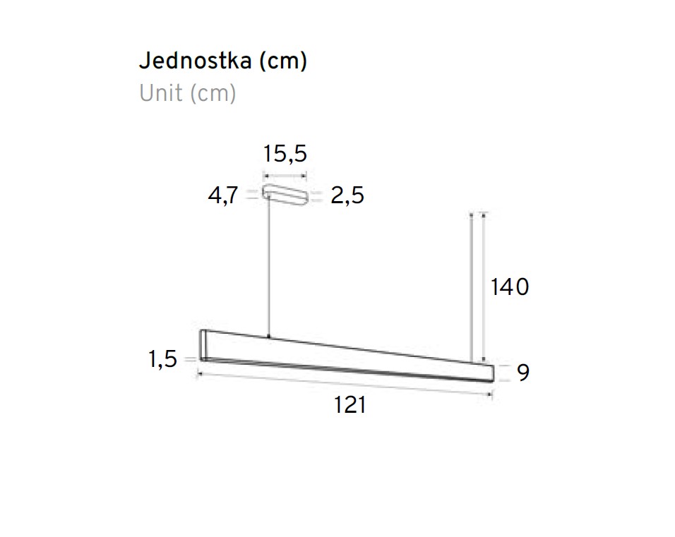 Czarna lampa wisząca Linia Slim z jednym źródłem LED o mocy 30W i barwie światła 3000K. Produkt ma prostokątny kształt, z wymiarami 121 cm długości, 9 cm szerokości i 1,5 cm wysokości, zawieszony na cienkim przewodzie.