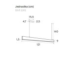 Czarna lampa wisząca Linia Slim z jednym źródłem LED o mocy 30W i barwie światła 3000K. Produkt ma prostokątny kształt, z wymiarami 121 cm długości, 9 cm szerokości i 1,5 cm wysokości, zawieszony na cienkim przewodzie.