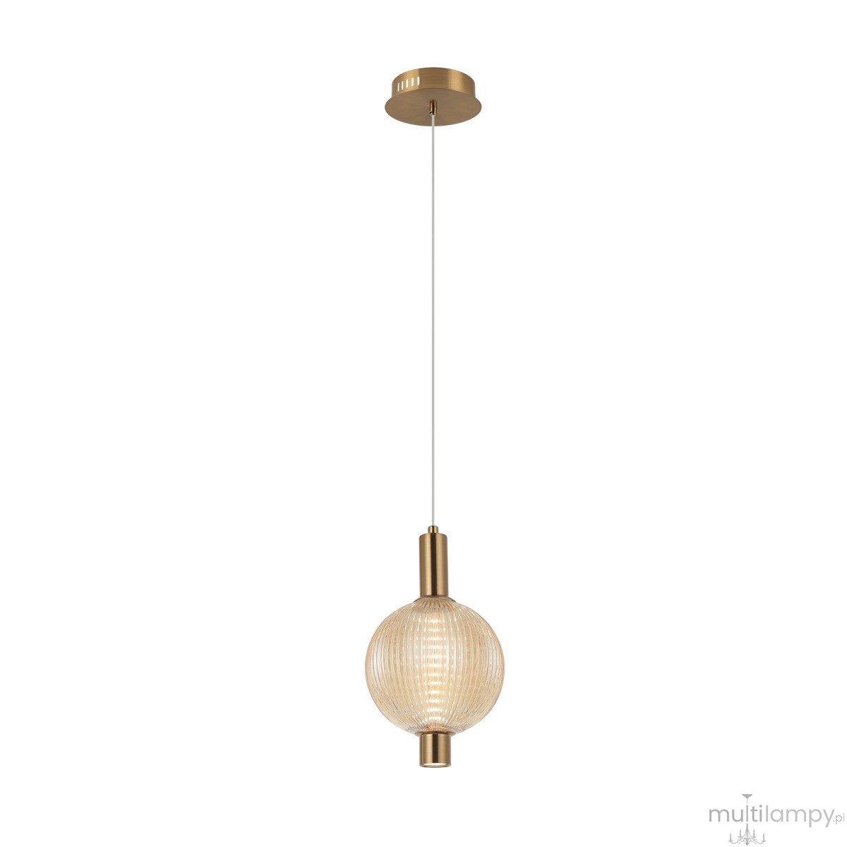 Lampa wisząca Lenti z pojedynczym źródłem LED 7W, w złotym wykończeniu. Szklany klosz w kolorze bursztynowym o okrągłym kształcie, z wyraźnymi żłobieniami. Zawieszona na cienkim przewodzie z metalowym mocowaniem.