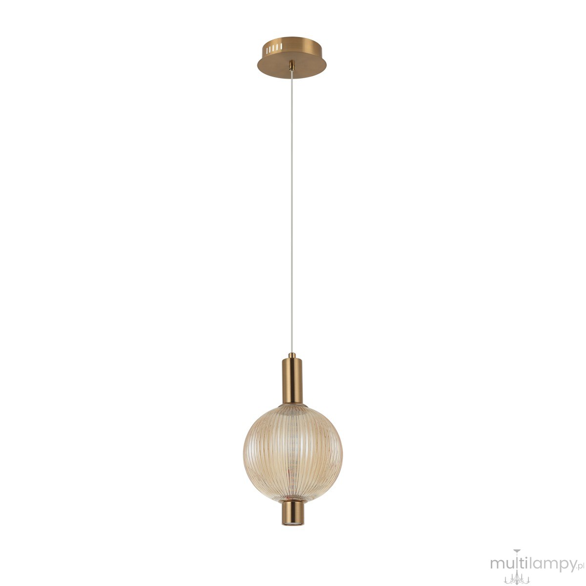 Lampa wisząca Lenti z jedną diodą LED 7W, o złotej oprawie i bursztynowym kloszu w kształcie kuli, zawieszona na cienkim przewodzie. Klosz ma delikatne żłobienia, co nadaje mu elegancki wygląd.