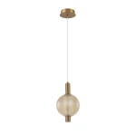 Lampa wisząca Lenti z jedną diodą LED 7W, o złotej oprawie i bursztynowym kloszu w kształcie kuli, zawieszona na cienkim przewodzie. Klosz ma delikatne żłobienia, co nadaje mu elegancki wygląd.