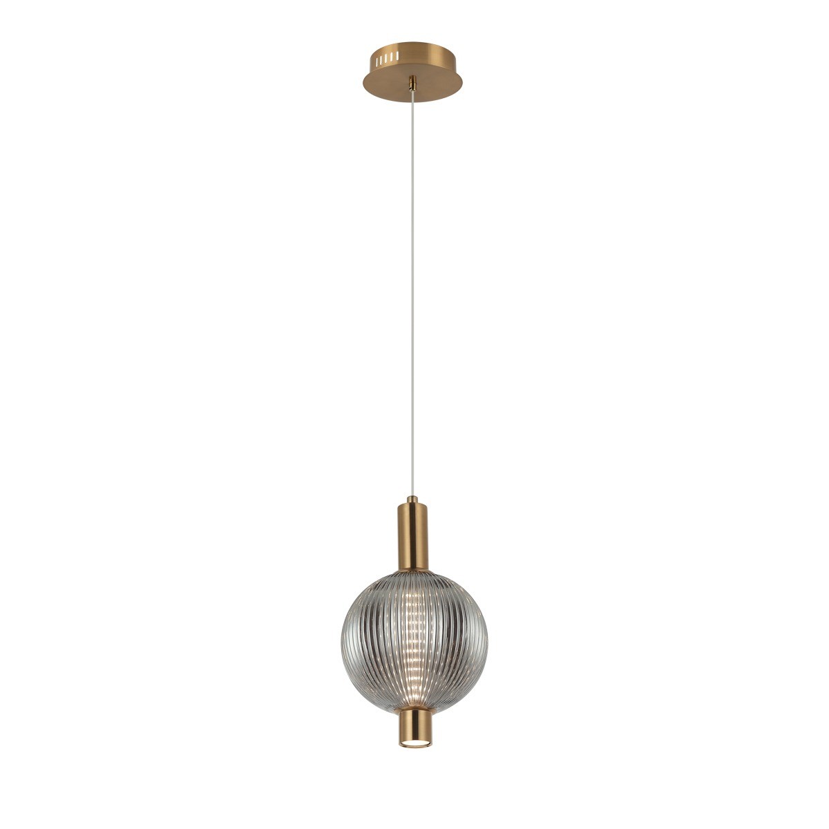 Lampa wisząca Lenti z dymionym kloszem, złotą oprawą i jedną żarówką LED 7W. Kształt okrągły, z fakturowanym szkłem. Zawieszona na cienkim, przezroczystym przewodzie, z metalowym stropem. Idealna do nowoczesnych wnętrz.
