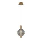 Lampa wisząca Lenti z dymionym kloszem, złotą oprawą i jedną żarówką LED 7W. Kształt okrągły, z fakturowanym szkłem. Zawieszona na cienkim, przezroczystym przewodzie, z metalowym stropem. Idealna do nowoczesnych wnętrz.