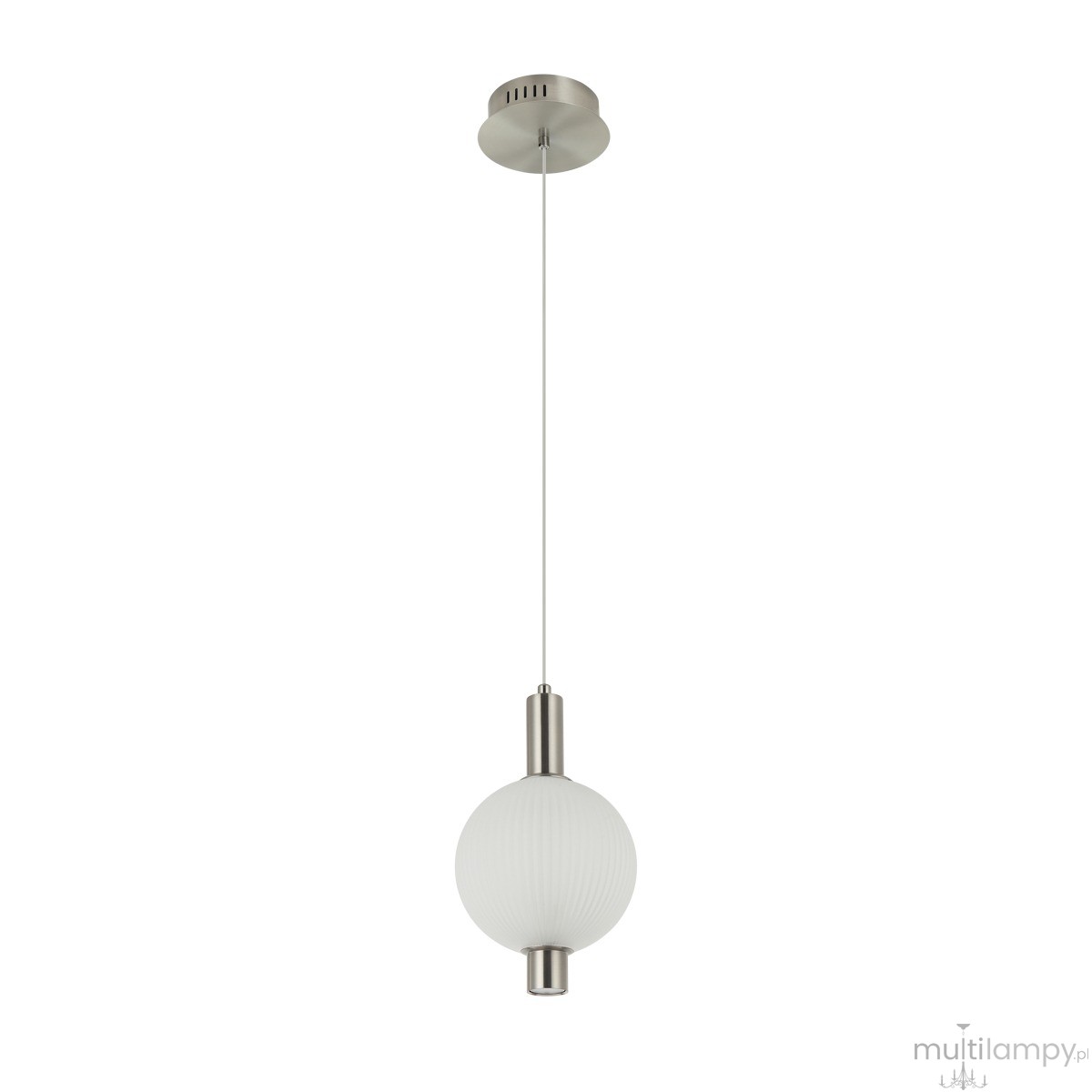 Lampa wisząca Lenti z jedną żarówką LED 7W, o złotym metalowym mocowaniu i białym, okrągłym kloszu z teksturowanej szkła, zawieszona na cienkim przewodzie. Ujęcie frontalne, na białym tle.