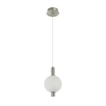 Lampa wisząca Lenti z jedną żarówką LED 7W, o złotym metalowym mocowaniu i białym, okrągłym kloszu z teksturowanej szkła, zawieszona na cienkim przewodzie. Ujęcie frontalne, na białym tle.