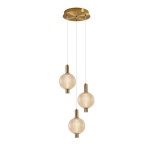 Lampa wisząca Lenti z trzema kulistymi kloszami w kolorze bursztynowym, wykonana z przezroczystego materiału, z metalowymi detalami w złotym kolorze. Wymiary kloszy są równe, a ich struktura jest lekko fakturowana.
