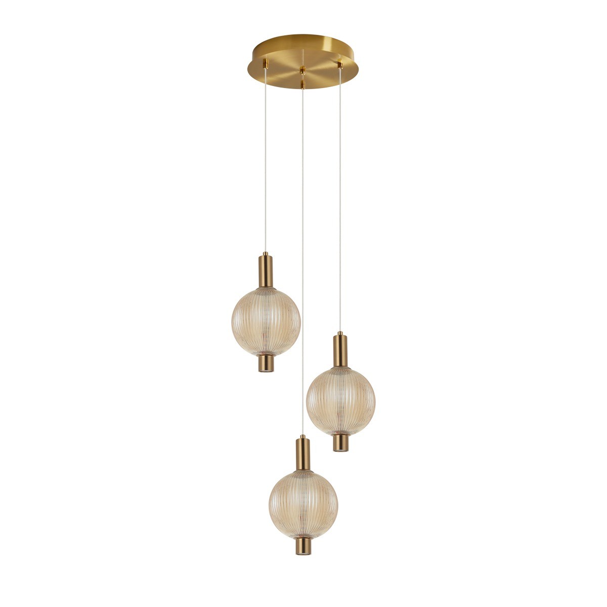 Lampa wisząca Lenti z trzema kulistymi kloszami w kolorze bursztynowym, z metalowymi detalami w odcieniu złotym. Klosze mają teksturowaną powierzchnię, zawieszone na cienkich linkach z sufitem w kolorze złotym. Wbudowane źródła światła LED 18W.