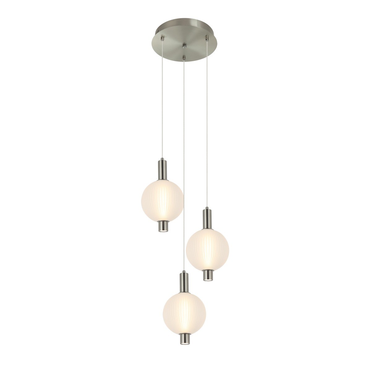Lampa wisząca Lenti z trzema kulistymi kloszami LED, oświetlenie w kolorze białym, zawieszona na cienkich linkach. Metalowy, złoty uchwyt sufitowy. Klosze mają teksturowaną powierzchnię, co dodaje elegancji.