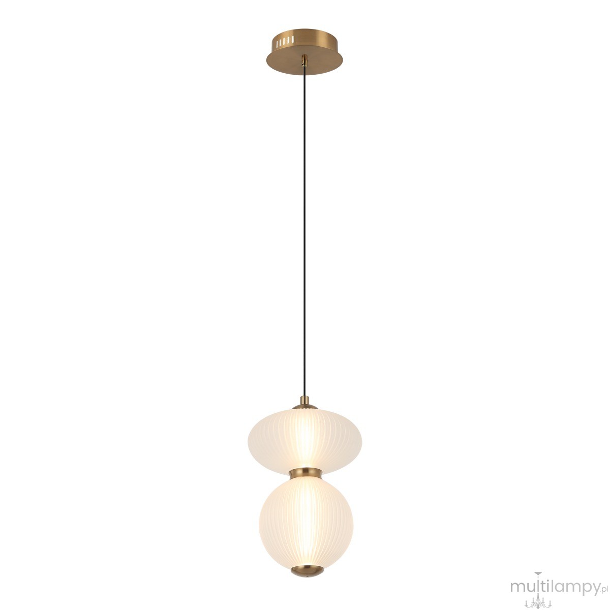 Lampa wisząca Nico z dwoma kloszami LED, w kolorze złotym i białym. Klosze mają okrągły kształt z teksturowaną powierzchnią. Produkt zawieszony na czarnym przewodzie, z metalowym mocowaniem sufitowym. Prosty, nowoczesny design.