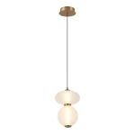 Lampa wisząca Nico z dwoma kloszami LED, w kolorze złotym i białym. Klosze mają okrągły kształt z teksturowaną powierzchnią. Produkt zawieszony na czarnym przewodzie, z metalowym mocowaniem sufitowym. Prosty, nowoczesny design.