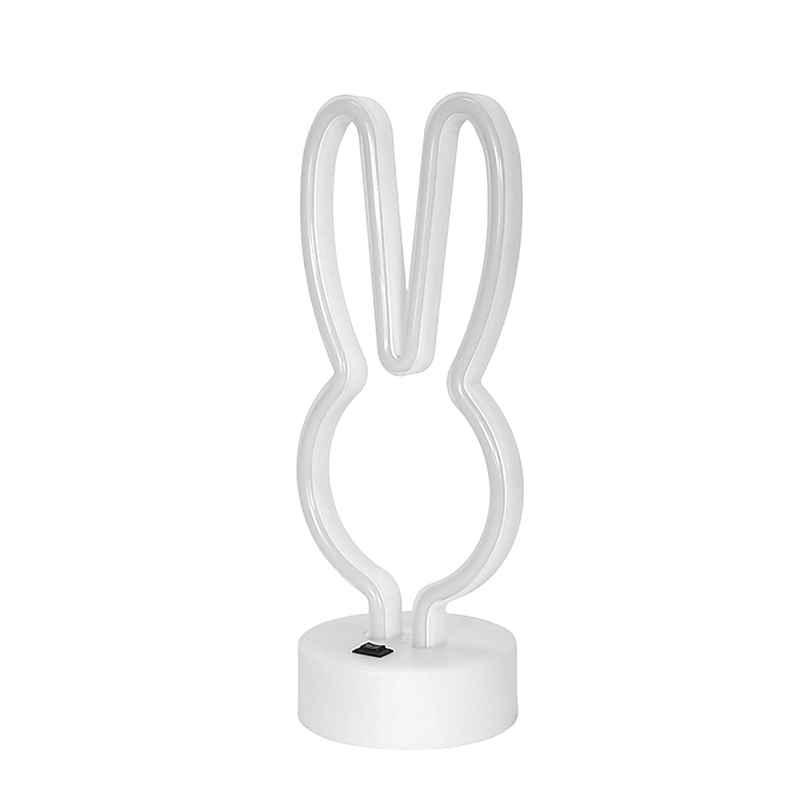 Lampka nocna LED w kształcie królika, wykonana z białego tworzywa. Posiada podstawkę oraz włącznik. Kształt lampki nawiązuje do postaci z długimi uszami, co nadaje jej zabawny charakter. Idealna do pokoju dziecięcego.