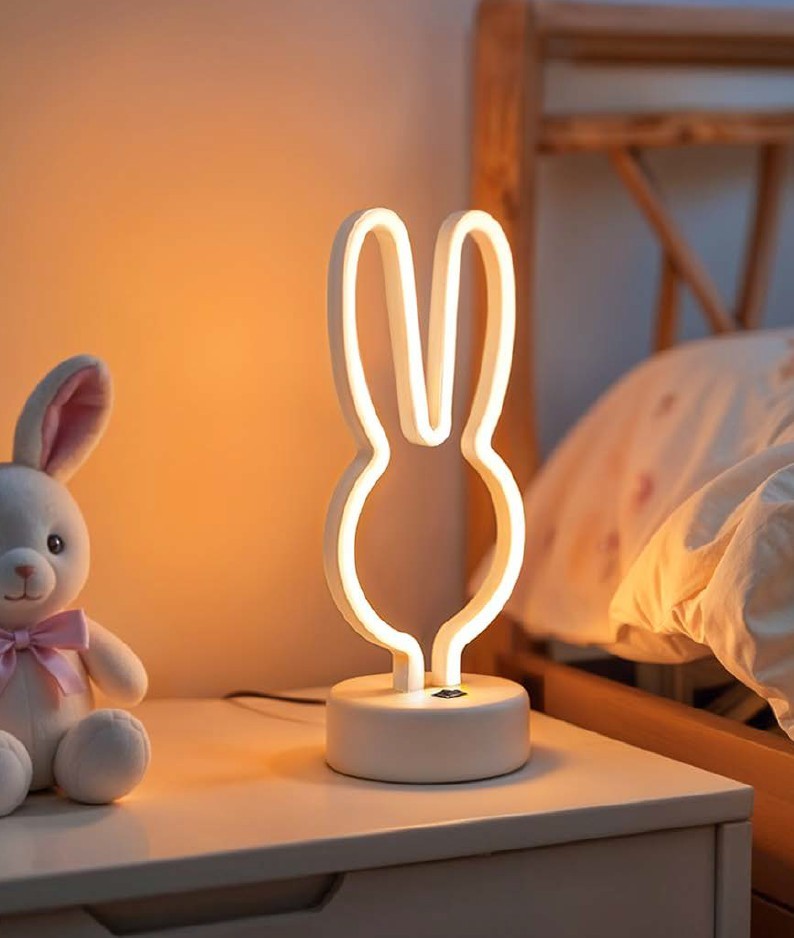 Królik lampka nocna LED 2W, biała. Lampa w kształcie królika z podświetleniem LED, umieszczona na okrągłej, białej podstawie. Otoczenie obejmuje pluszowego królika i łóżko z pościelą w tle. Oświetlenie emituje ciepłe, białe światło.
